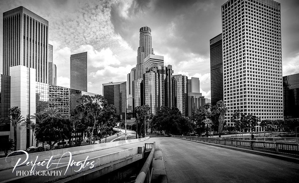 Black and white view of the downtown Los Angeles skyline