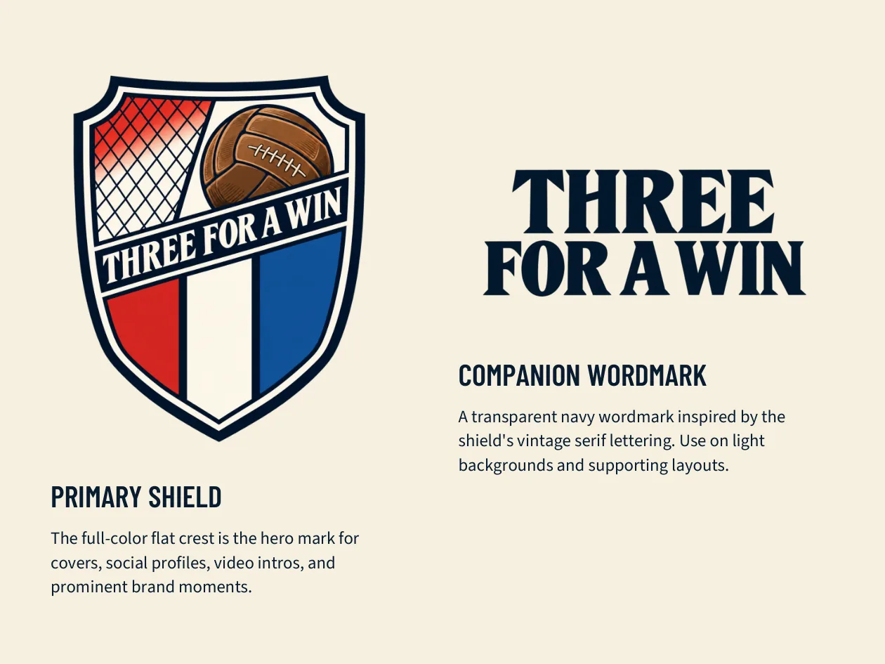 Three For A Win brand booklet: primary shield and companion wordmark