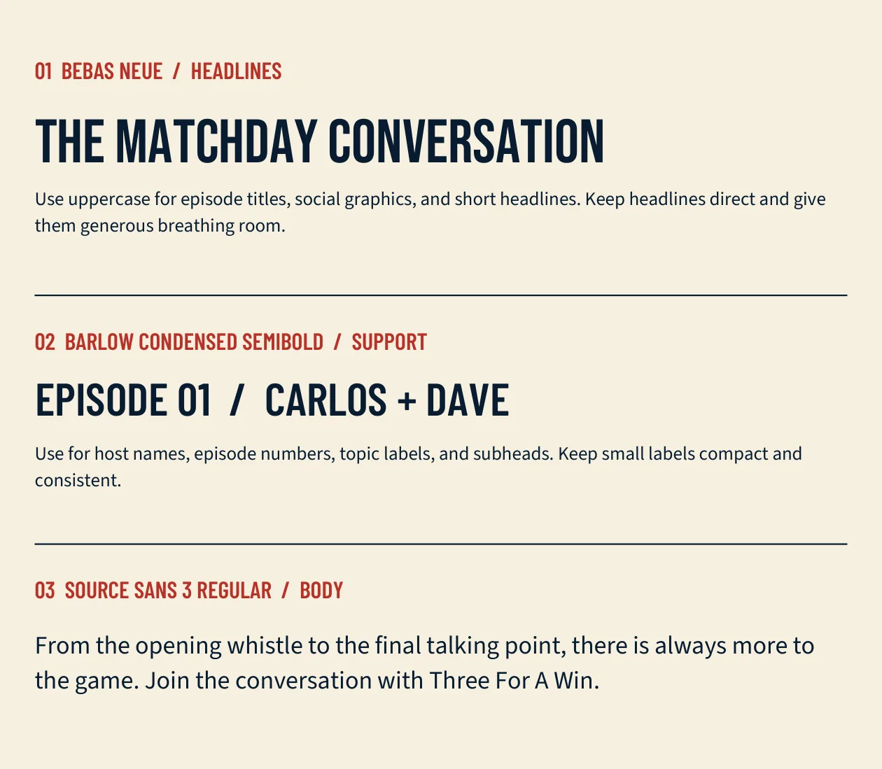 Three For A Win brand booklet: typography system